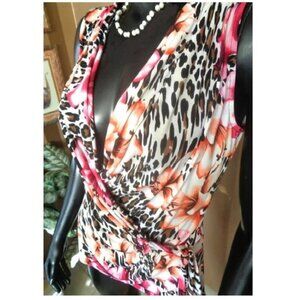 Cache Sleeveless Animal Print Floral Faux Wrap Top Sexy Classy Sz M - Like New